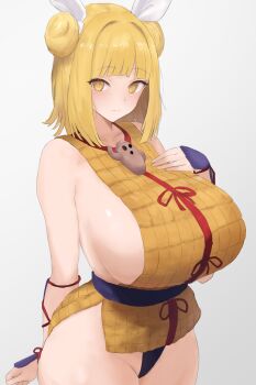 1girl absurdres alternate_breast_size_(larger) arm_guards armor belt blonde_hair breasts curvy hair_bun hair_ribbon haniwa_(statue) highres huge_breasts jewelry joutouguu_mayumi looking_at_viewer medium_hair moriforest1040 no_pants pendant red_ribbon ribbon sideboob touhou vest white_ribbon yellow_eyes