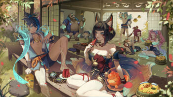 3boys 3girls after_hours_spirit_blossom_springs_ahri ahri_(league_of_legends) animal_ear_fluff animal_ears architecture bare_shoulders black_hair blue_eyes breasts character_request choker commentary_request detached_sleeves dress east_asian_architecture eyeshadow facial_mark fish food fox_ears fruit gold_trim goldfish hair_ornament hairclip highres kitsune kyuubi large_breasts league_of_legends looking_at_another makeup male_swimwear multicolored_hair multiple_boys multiple_girls multiple_tails official_alternate_costume official_alternate_eye_color official_alternate_hair_length official_alternate_hairstyle official_art red_choker red_eyeshadow red_streaks ribbon_choker second-party_source short_hair sitting strapless strapless_dress streaked_hair tail tatami watermelon watermelon_slice whisker_markings wosashimi yokozuwari