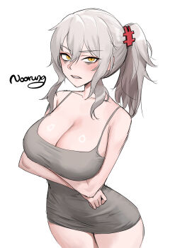 1girl absurdres alternate_hairstyle blush breasts cleavage commentary_request goddess_of_victory:_nikke grey_hair grey_tank_top hair_between_eyes hair_ornament hairclip high_ponytail highres large_breasts long_hair looking_at_viewer messy_hair no_pants noorung ponytail sharp_teeth sleeveless solo spaghetti_strap tank_top teeth yellow_eyes yulha_(nikke)