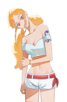 1girl bangle bare_shoulders belt belt_ribbon bracelet breasts brown_eyes cleavage closed_mouth collarbone commentary cowboy_shot cropped_shirt english_commentary hand_on_own_arm highres jewelry leaning_to_the_side long_hair looking_at_viewer low_twintails medium_breasts midriff nami_(one_piece) off-shoulder_shirt off_shoulder official_alternate_costume official_alternate_hairstyle one_piece orange_hair red_belt shirt short_shorts shorts shoulder_tattoo sidelocks solo striped_clothes striped_shirt tattoo twintails vertical-striped_clothes vertical-striped_shirt waterdraws white_background white_shorts