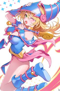 1girl :d absurdres armor ass bare_shoulders blonde_hair blue_armor blue_boots blue_helmet blush_stickers boots breasts bright_pupils brooch choker dark_magician_girl double-parted_bangs duel_monster four-pointed_star from_side gem green_eyes hair_between_eyes hand_up hat helmet highres holding holding_wand jewelry jumping knee_boots large_breasts legs legs_up long_hair looking_to_the_side no_panties one_eye_closed open_mouth patterned_background pelvic_curtain pentagram pink_skirt pink_trim pomeo_dayo signature simple_background skirt smile solo star_(symbol) thighs vambraces wand white_background wizard_hat yellow_choker yu-gi-oh!