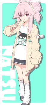 1girl :o absurdres ahoge akane_souichi badge black_shoes black_skirt blue_archive blue_background border bright_pupils character_name commentary dot_nose drumsticks full_body hair_between_eyes hair_bun halo hand_up highres holding holding_drumsticks jacket kneehighs loafers long_hair looking_at_viewer loose_socks miniskirt natsu_(band)_(blue_archive) natsu_(blue_archive) official_alternate_costume outside_border parted_lips pink_hair pink_halo pleated_skirt print_shirt red_eyes shirt shoes sidelocks simple_background single_side_bun skirt socks solo standing v white_border white_pupils white_shirt white_socks yellow_jacket