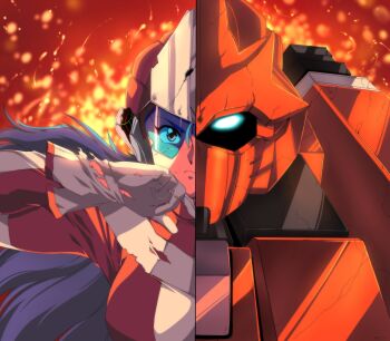 1990s_(style) 1girl 1other absurdres anime_coloring blue_eyes blue_hair bodysuit commentary english_commentary fire flame_(panzer_paladin) gloves glowing glowing_eye harleequeen helmet highres long_hair mecha paladin_(panzer_paladin) panzer_paladin retro_artstyle robot split_screen torn_clothes torn_gloves visor wiping_face