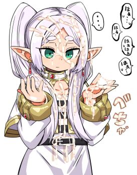 1girl bukkake capelet commentary_request cum dress elf expressionless flat_chest frieren green_eyes kanikama long_hair pointy_ears solo sousou_no_frieren twintails white_hair