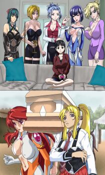 6+girls artist_request battle_suit bible_black black_dress black_hair black_skirt blonde_hair blouse blue_hair chinese_clothes coffin controller couch crossover dancing dancing_pallbearers_(meme) doctor dominatrix dress earrings green_hair highres in_no_houteishiki instant_loss jewel jewelry joystick kimijima_yukari kirigaya_suguha kitami_reika living_room makimura_ryouko mamiya_marika meme multiple_girls natsumi_jinno nurse outdoors pillow piper_perri_surrounded_(meme) playing_games pool_stick purple_dress purple_hair red_hair red_shirt red_skirt reiko_kanna ring saeki_kaori saeki_sayoko school_uniform shirt skirt sonia_(in_no_houteishiki) source_request star_jewel starless sword_art_online tokubetsu_byoutou witch yuri