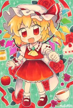 Rule 34 | 1girl, apple, ascot, bad id, bad twitter id, blonde hair, cake, cake slice, chibi, chibi only, clenched hand, crystal, crystal wings, cup, fang, flandre scarlet, flower, food, frilled skirt, frills, fruit, hat, highres, looking at viewer, maa (forsythia1729), mary janes, mob cap, multicolored wings, one side up, open mouth, pointy ears, red eyes, red flower, red rose, red shoes, red skirt, red vest, rose, shoes, skirt, skirt set, smile, socks, solo, tea, teacup, touhou, traditional media, vest, white hat, white socks, wings, wrist cuffs, yellow ascot