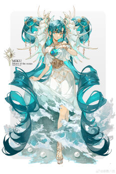 absurdly_long_hair absurdres artist_name belt bracelet chinese_commentary commentary_request crystal dress drill_hair english_text fingernails gem gradient_clothes gradient_dress green_eyes green_hair green_nails grey_background hair_ornament hand_on_own_chest hatsune_miku highres horns jewelry legs long_hair looking_to_the_side open_mouth pearl_(gemstone) pearl_bracelet pearl_clan_outfit pearl_hair_ornament ring sandals seashell shell shell_hair_ornament simple_background skirt_hold spikes thigh_strap thighs twin_drills very_long_hair vocaloid water waves white_background white_dress yifei_ba_chi