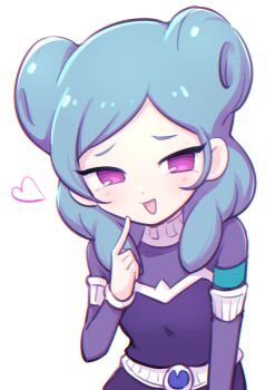 1girl aqua_hair beta_(inazuma_eleven) blue_pants bodysuit commentary double_bun finger_to_own_chin grey_bodysuit hair_bun heart highres inazuma_eleven inazuma_eleven_(series) inazuma_eleven_go inazuma_eleven_go_chrono_stone light_blush looking_at_viewer pants protocol_omega purple_eyes smile solo tyano_suke white_background