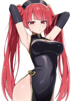 Rule 34 | 1girl, armpits, arms behind head, bare shoulders, bemani, black dress, black gloves, black hat, blunt bangs, blush, breasts, china dress, chinese clothes, cleavage, cleavage cutout, clothing cutout, commentary, covered navel, cowboy shot, dress, elbow gloves, gloves, hat, highres, konoha (sound voltex), large breasts, long hair, looking at viewer, maud0239, parted lips, red eyes, red hair, simple background, sleeveless, sleeveless dress, solo, sound voltex, sweatdrop, twintails, v-shaped eyebrows, white background