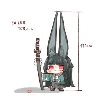 1girl :&lt; animal_ear_fluff animal_ears arm_at_side artist_name black_boots black_hair black_necktie black_skirt blunt_bangs blunt_ends blush boots braid brown_pantyhose chibi closed_mouth collared_shirt comically_large_ears commentary_request dated fox_ears fox_girl full_body green_jacket half_up_braid hand_up holding holding_sword holding_weapon hoshimi_miyabi jacket katana long_hair long_sleeves looking_at_viewer measurements necktie no_pupils open_clothes open_jacket outstretched_arm pantyhose planted planted_sword planted_weapon red_eyes shadow sheath sheathed shirt side_slit simple_background skirt smile smug solo standing sword translation_request v-shaped_eyebrows very_long_hair weapon white_background white_shirt wide_sleeves yunoki_(i_o_u) zenless_zone_zero