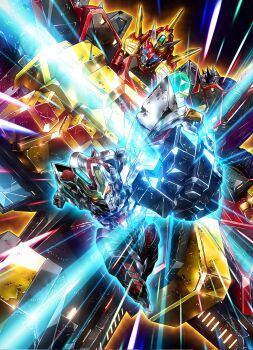 Rule 34 | armor, blue eyes, dynazenon (character), glowing, glowing eyes, gridman (character), gridman (ssss), gridman universe, highres, looking at viewer, mecha, mutaguchi hiroki, no humans, robot, science fiction, ssss.dynazenon, ssss.gridman, super robot, tokusatsu, yellow eyes