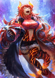 Rule 34 | 1girl, breasts, coat, crop top, cropped sweater, cutoffs, dola (nijisanji), dragon girl, dragon horns, dragon tail, foot out of frame, fur trim, glowing, glowing eye, glowing skin, highres, holding, holding microphone, horns, kuro dora, large breasts, long sleeves, microphone, midriff, navel, nijisanji, one eye closed, open clothes, open coat, open mouth, red eyes, red hair, red sweater, scales, sharp teeth, short shorts, shorts, solo, stomach, sweater, tail, teeth, thigh strap, virtual youtuber