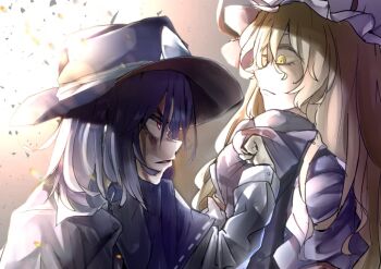 2girls absurdly_long_hair angry black_capelet black_hair black_hat blonde_hair bow capelet dress hair_between_eyes hat hat_bow hat_ribbon long_dress long_hair long_sleeves mob_cap multiple_girls muraryo purple_tabard red_ribbon ribbon shirt sleeve_cuffs sweat tabard touhou usami_renko very_long_hair white_bow white_hat white_shirt yakumo_yukari yellow_eyes
