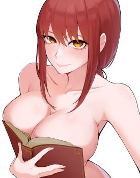 1girl absurdres artist_name boobs_in_book_(meme) book book_on_breasts breasts chainsaw_man cleavage closed_mouth collarbone commentary covering_breasts covering_privates english_commentary highres holding holding_book large_breasts long_hair long_sidelocks looking_at_viewer makima_(chainsaw_man) meloncallie11 meme nude nude_cover open_book red_hair ringed_eyes sidelocks simple_background smile solo upper_body white_background yellow_eyes