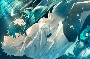 Rule 34 | 2boys, air bubble, alternate hair length (longer), armlet, arms around neck, bakugou katsuki, black pants, blue hair, blurry, blurry foreground, boku no hero academia, bubble, caustics, closed eyes, commentary request, conconcon1031, dutch angle, feet out of frame, film grain, fins, floating clothes, floating hair, freckles, from side, hand in another's hair, hand on another's head, head fins, highres, hug, jewelry, kiss, light rays, long hair, long sidelocks, long sleeves, male focus, merfolk, mermaid, merman, midoriya izuku, monster boy, monster girl, monsterification, multiple boys, mutual hug, open clothes, open cuffs, open shirt, overlighting, pants, profile, scar, scar on face, short hair, sidelocks, underwater, very long hair, very long sidelocks, water, yaoi