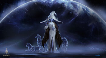 1girl absurdres animal blonde_hair blue_eyes blue_skin brown_cape cape colored_skin dlx_(kssksskssk) dress elden_ring extra_arms full_body hat highres long_hair one_eye_closed planet purple_lips ranni_the_witch watermark web_address white_dress white_hat witch_hat wolf