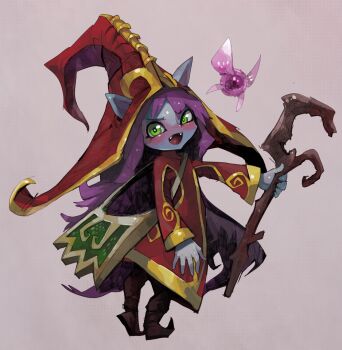 Rule 34 | 1girl, :d, animal ears, bad id, bad tumblr id, blue skin, colored skin, dress, ears through headwear, fairy, fangs, flat chest, full body, green eyes, hat, heel up, highres, holding, holding staff, league of legends, long hair, long sleeves, lulu (league of legends), open mouth, pix (league of legends), pointy footwear, purple hair, raichiyo, red dress, red hat, smile, staff, standing, very long hair, witch hat, wooden staff, yordle