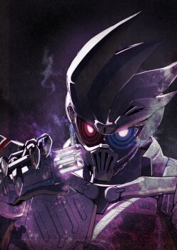 Rule 34 | 1boy, absurdres, armor, blue eyes, close-up, commentary request, glowing, glowing eyes, helmet, heterochromia, highres, holding, kamen rider, kamen rider ex-aid (series), kamen rider genm, kamen rider genm (zombie gamer level x), orion, red eyes, rider gashat, solo, tokusatsu, upper body, white armor