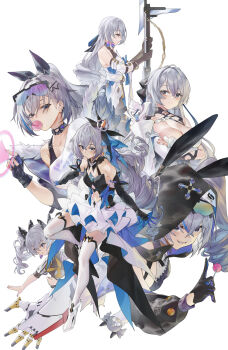 5girls 6+girls animal_hood black_choker black_gloves blowing_bubble_gum blue_eyes blue_hair breasts bronya_rand bronya_zaychik bronya_zaychik_(haxxor_bunny) bronya_zaychik_(herrscher_of_reason) bronya_zaychik_(silverwing:_n-ex) bronya_zaychik_(wolf&#039;s_dawn) candy character_request check_character chewing_gum chinese_commentary choker chupa_chups cleavage commentary_request crossed_arms detached_sleeves dress drill_hair earrings elbow_gloves eyewear_on_head fingerless_gloves food ginklaga gloves goggles goggles_on_head grey_eyes grey_hair grin gun hair_ornament highres holding holding_candy holding_food holding_lollipop holding_polearm holding_weapon homu_(honkai_impact) honkai:_star_rail honkai_(series) honkai_impact_3rd hood hood_up jewelry large_breasts lollipop long_hair looking_at_viewer mihoyo multicolored_hair multiple_girls multiple_persona off-shoulder_shirt off_shoulder polearm ponytail project_bunny rabbit_hood shirt shoes silver_wolf_(honkai:_star_rail) single-shoulder_shirt small_breasts smile streaked_hair sunglasses thighhighs twin_drills very_long_hair weapon white_shirt white_shoes white_thighhighs