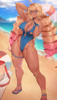 1girl absurdres ahoge anklet arm_behind_head armpits ball bandaid bandaid_on_knee bandaid_on_leg beach beach_towel beachball blonde_hair blue_eyes blue_nails blue_one-piece_swimsuit bracelet breasts carrot_hair_ornament cleavage commission dark-skinned_female dark_skin deccatezu drill_hair finger_to_mouth food-themed_hair_ornament gradient_hair gyaru hair_intakes hair_ornament hairclip highres holding holding_swim_ring innertube jewelry large_breasts long_hair mole mole_under_eye multicolored_hair ocean one-piece_swimsuit open_mouth pink_hair sandals shibi_cottonbum sidelocks skindentation sky smile solo standing star_(symbol) star_hair_ornament swim_ring swimsuit tan tanline teeth thick_thighs thigh_strap thighs tongue tongue_out towel twin_drills upper_teeth_only vallure virtual_youtuber