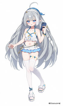 1girl ahoge bikini bikini_skirt blue_eyes bracelet cellphone cellphone_charm charm_(object) chess_piece collarbone commentary_request daoyan embarrassed female_tyrant_(stella_sora) female_tyrant_(swimsuit)_(stella_sora) frilled_bikini frills full_body grey_hair hair_between_eyes hairband highres holding holding_phone jewelry key long_hair looking_at_viewer navel official_alternate_costume phone pointy_ears sidelocks simple_background smartphone solo spaghetti_strap standing stella_sora stomach swimsuit thighhighs tyrant_(stella_sora) white_background white_bikini white_thighhighs