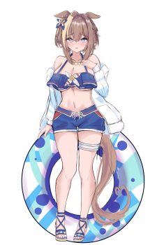1girl absurdres animal_ears bare_shoulders bikini bikini_shorts blue_bikini blue_eyes blue_swim_trunks blush breasts brown_hair cdsola cheval_grand_(summer_calm_navy_drop)_(umamusume) cheval_grand_(umamusume) cleavage commentary_request hair_between_eyes heart heart_necklace highres holding holding_swim_ring horse_ears horse_girl horse_tail innertube jacket jewelry large_breasts looking_at_viewer multicolored_hair navel necklace official_alternate_costume official_alternate_hairstyle open_clothes open_jacket open_mouth sandals shorts simple_background solo stomach streaked_hair swim_ring swimsuit tail thigh_strap umamusume white_streaks