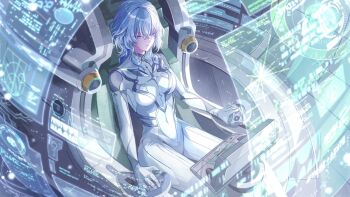 1girl alternate_costume blue_hair breasts canop_s closed_mouth cockpit colored_eyelashes commentary_request covered_navel expressionless hair_between_eyes holographic_interface long_hair looking_ahead mecha_pilot_suit medium_breasts multicolored_hair purple_eyes red_pupils shorekeeper_(wuthering_waves) sitting solo streaked_hair wuthering_waves