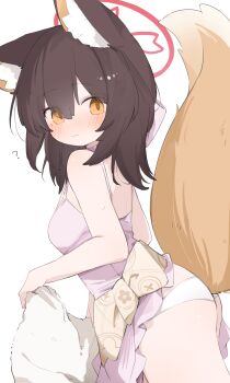 1girl ? absurdres animal_ear_fluff animal_ears black_hair blue_archive blush breasts closed_mouth commentary dress fox_ears fox_girl fox_tail halo highres izuna_(blue_archive) izuna_(dress)_(blue_archive) medium_breasts official_alternate_costume orange_eyes panties pink_dress pink_halo simple_background solo tail tntl_nemui underwear white_background white_panties