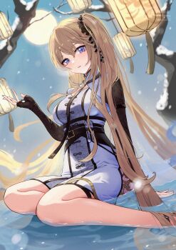 1girl aoi_tooru arknights blonde_hair breasts china_dress chinese_clothes commentary_request dress gloves hair_ornament hair_scrunchie highres indigo_(arknights) indigo_(serene_day)_(arknights) lace lace_sleeves lantern long_hair looking_at_viewer official_alternate_costume one_side_up paper_lantern purple_eyes scrunchie sitting solo twitter_username white_dress yokozuwari