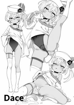 1girl :p anus asymmetrical_legwear bar_censor bottomless cameltoe censored character_name closed_mouth clothes_lift commentary_request covered_navel dace_(kancolle) flat_chest greyscale hat kantai_collection kneehighs lifting_own_clothes loli long_sleeves looking_at_viewer mismatched_legwear monochrome multiple_views naked_shirt nassukun navel nipples one-piece_swimsuit pee peeing pussy shirt shirt_lift short_hair side_ponytail single_bare_shoulder single_sock single_thighhigh sitting socks split spread_legs standing standing_on_one_leg standing_split swimsuit swimsuit_under_clothes thighhighs tongue tongue_out wide_sleeves