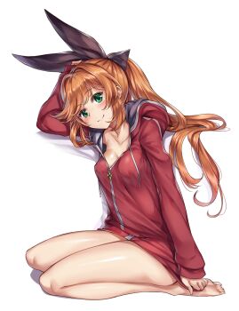 1girl alternate_costume blush breasts clarisse_(granblue_fantasy) cleavage closed_mouth granblue_fantasy green_eyes head_tilt hood hoodie kneeling ks_(xephyrks) long_hair looking_at_viewer orange_hair red_hoodie ribbon smile solo