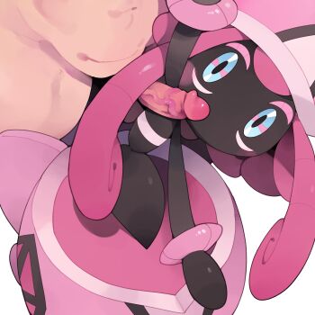 1boy 1girl absurdres armpit_sex blue_eyes blush gen_7_pokemon hetero highres interspecies legendary_pokemon nintendo penis pink_hair pokemon pokemon_(creature) simple_background tapu_lele uncensored veins veiny_penis white_background youjo_modoki