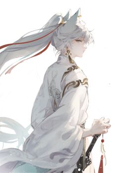 Rule 34 | 1girl, absurdres, alternate costume, animal ears, aqua eyes, bright pupils, chinese clothes, earrings, elyzerda, feixiao (honkai: star rail), fox ears, fox girl, hair ornament, hand on hilt, hashtag-only commentary, high ponytail, highres, honkai: star rail, honkai (series), jewelry, long hair, long sleeves, looking at viewer, looking to the side, ponytail, ribbon, single earring, tassel, very long hair, white background, white hair