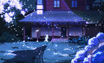 1boy 1girl absurdres artist_name balcony black_hair bug bush butterfly cherry_blossoms commentary_request dated door falling_petals grass highres house ichihara_yuuko insect japanese_clothes kimono long_hair long_sleeves night outdoors patio petals pink_petals scenery shadow short_hair sitting teardrops_(user_vgvd7733) very_wide_shot watanuki_kimihiro white_kimono wide_sleeves window xxxholic