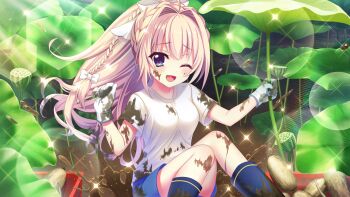 1girl ahoge alternate_hairstyle basket blonde_hair blue_boots blue_eyes blue_shorts boots bow braid breasts crown_braid dirty dirty_clothes dirty_face dot_nose fallen_down film_grain game_cg gloves hair_bow hair_intakes hair_up hands_up high_ponytail holding izumi_tsubasu knees_up lens_flare long_braid lotus_leaf lotus_pod lotus_root medium_breasts mole mole_under_each_eye mole_under_eye mud multiple_moles non-circular_lens_flare non-web_source official_art one_eye_closed open_mouth outdoors ponytail re:stage! shiratori_amaha_(re:stage!) shirt short_sleeves shorts sitting smile solo sparkle splashing sunlight white_bow white_gloves white_shirt