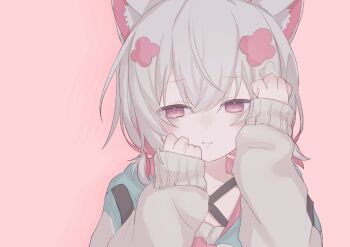 1girl alternate_costume animal_ear_fluff animal_ears arazan_(ara_arazan24) cat_ears cat_girl flower hair_between_eyes hair_flower hair_ornament hashtag-only_commentary hood hooded_jacket jacket kyu-kurarin_(cevio) low_twintails multicolored_hair multicolored_jacket pink_background pink_eyes pink_hair sayo_(voicevox) short_twintails simple_background sleeves_past_wrists solo teardrop twintails voicevox white_hair