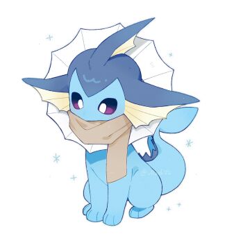 animal_focus commentary_request fins gen_1_pokemon head_fins highres nintendo no_humans pokemon pokemon_(creature) pokemon_focus purple_eyes scarf simple_background sitting solo vaporeon vli_sk22 white_background