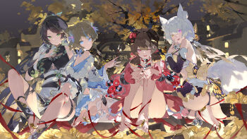 4girls absurdres animal_ears ass back black_hair blue_eyes bodhi_wushushenghua brai brown_hair butterfly_earrings coin earrings feet gold gold_coin green_eyes hetero highres horns japanese_clothes jewelry kneeling leaves looking_back multiple_girls one_eye_closed open_mouth original red_eyes ribbon smile soles tail tree white_hair