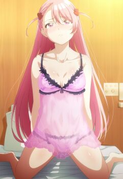 1girl absurdres anime_screenshot babydoll bed bra breasts class_no_daikirai_na_joshi_to_kekkon_suru_koto_ni_natta. cleavage highres lingerie long_hair medium_breasts navel on_bed panties pink_babydoll pink_bra pink_eyes pink_hair pink_panties sakuramori_maho see-through_clothes stitched stomach tears thighs third-party_edit two_side_up underwear