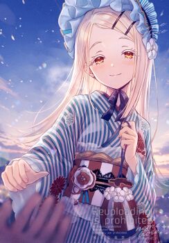 1girl 1other blonde_hair blue_bonnet blue_kimono blue_sky blurry blurry_background blurry_foreground blush bonnet chinstrap closed_mouth cloud colored_eyelashes commentary_request depth_of_field earrings flipped_hair frilled_bonnet frills gakuen_idolmaster gradient_sky hair_ornament hairclip holding_kinchaku idolmaster japanese_clothes jewelry kikumon kimono kinchaku long_hair looking_at_viewer neme obi obiage obidome obijime orange_eyes outdoors parallel_hairclips pouch pov pov_hands sash shinosawa_hiro sky smile solo_focus striped_clothes striped_kimono stud_earrings swept_bangs twitter_username upper_body watermark