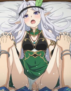 1boy 1girl blush censored clothed_sex clothing_aside commentary_request dress elf hetero jaggy_lines jewelry kris_argent long_hair lying missionary mosaic_censoring nageki_no_bourei_wa_intaishitai oekaki open_mouth paid_reward_available panties panties_aside penis pointy_ears pov purple_eyes sex tomu_(tomubobu) underwear vaginal white_panties