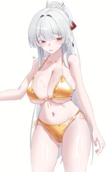 Rule 34 | 1girl, 1im illus, absurdres, bikini, blush, breasts, cameltoe, closed mouth, colored eyelashes, gold bikini, golden week, hair intakes, hair ornament, highres, hiyuki (wuthering waves), large breasts, long hair, looking at viewer, micro bikini, navel, ponytail, red eyes, sideboob, sidelocks, simple background, solo, stomach, swimsuit, underboob, white background, white hair, wuthering waves