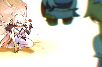 Rule 34 | 2girls, alternate costume, among us, angry, asmoday (genshin impact), bare shoulders, blonde hair, blurry, close-up, closed mouth, collarbone, commentary, crater, crewmate (among us), crossover, depth of field, dragon ball, dragonball z, english commentary, floating hair, flower, genshin impact, hair between eyes, hair flower, hair ornament, hair over one eye, highres, juffles, looking at viewer, lumine (genshin impact), meme, multiple crossover, multiple girls, on one knee, outdoors, paimon (genshin impact), red (among us), scene reference, serious, shade, shaded face, yellow eyes