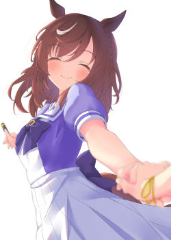 1girl animal_ears blush braid breasts brown_hair buena_vista_(umamusume) closed_eyes futarino_ririsu hair_between_eyes highres holding_hands horse_ears horse_girl horse_tail looking_at_viewer medium_breasts pleated_skirt ribbon school_uniform simple_background skirt smile tail tracen_school_uniform umamusume white_background yellow_ribbon