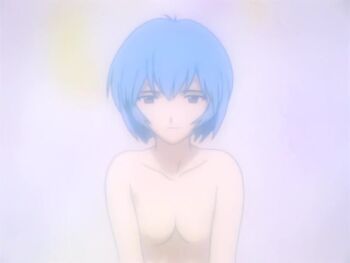 1girl animated anime_screenshot ayanami_rei blue_hair breasts collarbone looking_at_viewer neon_genesis_evangelion no_nipples nude red_eyes short_hair small_breasts smile tagme video
