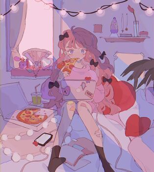 1girl bandages book bottle bow cellphone computer drink drinking_straw eating female_focus flower food hair_bow heart heart-shaped_pillow indoors laptop lava_lamp long_hair original perfume_bottle phone pillow pink_hair pizza ronoh_(jill) sitting smartphone socks solo window