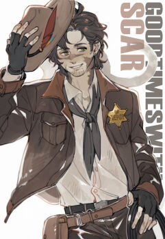 1boy animification belt brown_hair brown_jacket cat character_name commentary cowboy cowboy_shot cowboy_western english_commentary goodtimeswithscar green_eyes hat hermitcraft highres jacket jellie_(hermitcraft) luminous_slime male_focus minecraft_youtube official_alternate_costume open_clothes open_jacket scar sheriff_(western) shirt short_hair simple_background solo western white_background white_shirt