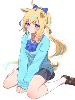 1girl alternate_costume alternate_hairstyle animal_ears between_legs black_skirt blonde_hair blue_cardigan blue_eyes blue_hair blush brown_shoes cardigan closed_mouth commentary_request hand_between_legs highres horse_ears horse_girl horse_tail katuko_deluxe kneehighs loafers long_sleeves looking_at_viewer neo_universe_(umamusume) ponytail school_uniform shoes simple_background sitting skirt sleeves_past_wrists socks solo tail umamusume v_arms wariza white_background white_socks yellow_tail