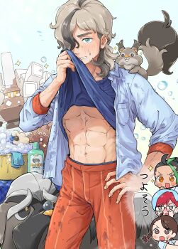 1boy 3girls abs arven_(pokemon) blush bottle bubble chibi clothes_lift commentary_request foam garganacl gen_2_pokemon gen_8_pokemon greedent green_eyes hair_over_one_eye hand_on_own_hip harinezumi103 highres juliana_(pokemon) lifting_own_clothes mabosstiff mareep multiple_girls navel nemona_(pokemon) nintendo orange_pants pants penny_(pokemon) pokemon pokemon_(creature) pokemon_sv shirt shirt_lift skwovet sparkle teeth wet wet_clothes