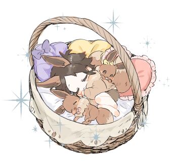 1boy aged_down alternate_costume barefoot basket blush blush_stickers bow brown_hair brown_hoodie brown_shorts child closed_eyes closed_mouth commentary_request cushion eevee eevee_ears eevee_tail frills gen_1_pokemon highres hood hoodie in_basket in_container lying male_focus nate_(pokemon) nintendo on_side pink_bow pokemon pokemon_(creature) pokemon_bw2 shorts sleeping upi_(ukn18pkanother) yellow_bow